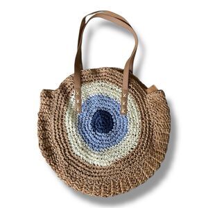 MadeFourYou Brown Large Circle Round Tote Bag W Beige Straps